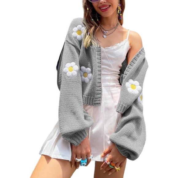Womens Long Sleeve Open Front Flower Knit Cardigan Aesthetic Shrug Outfits - Picture 1 of 6